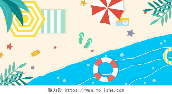 扁平蓝黄夏天海滩海洋俯视插画海报背景素材